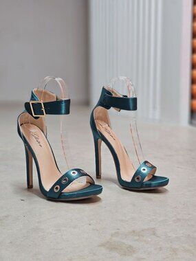 Teal Satin High Heel Sandals With Ankle Strap & Grommet Detail Womens